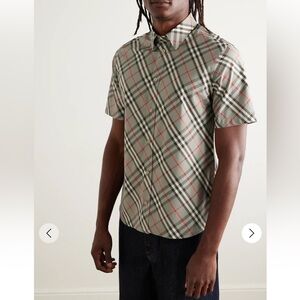 Burberry Men’s Cotton Poplin Short Sleeve Plaid Button-Down Shirt in Gray NWT